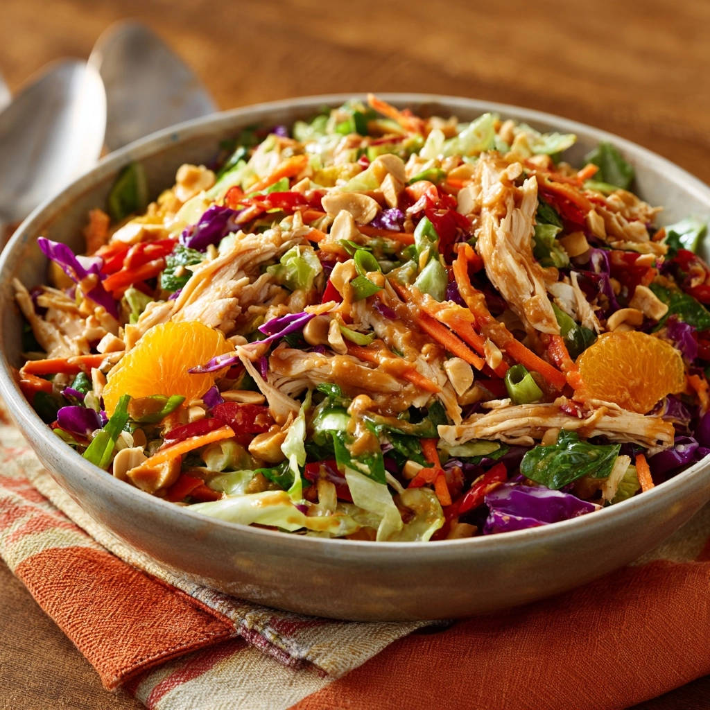 Crisp Asian Chicken Salad served in a rustic bowl, showcasing shredded chicken, colorful vegetables, and a peanut dressing.