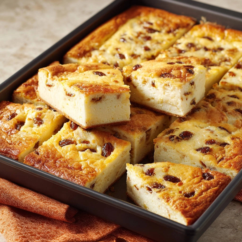 Baked cheese and raisin squares are sliced and neatly arranged in a dark baking pan.