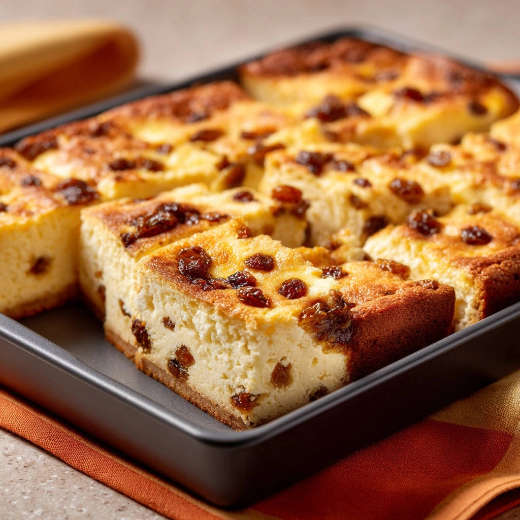Baked cheese & raisin squares sliced in a baking pan, showcasing their golden-brown tops and fluffy interiors.