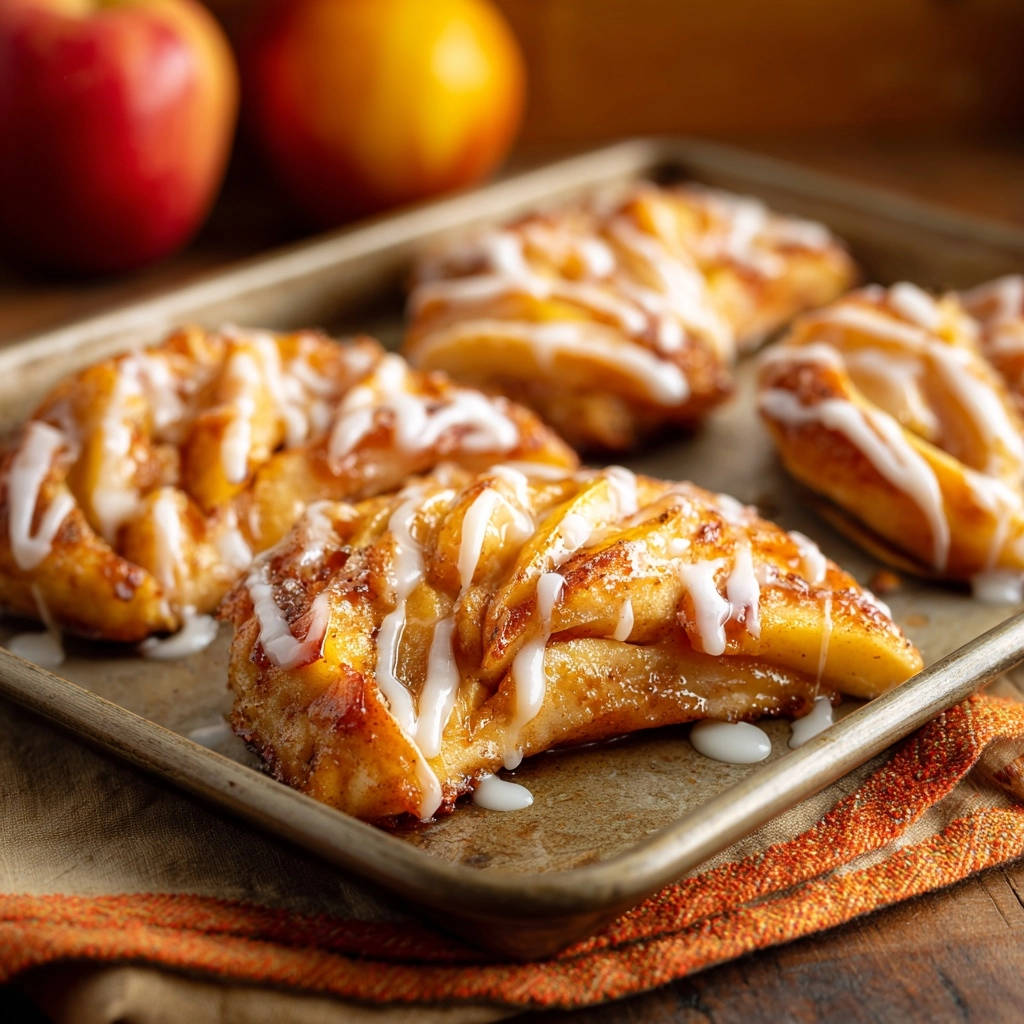 Baked cinnamon apple slices with a drizzled icing glaze on a baking sheet.