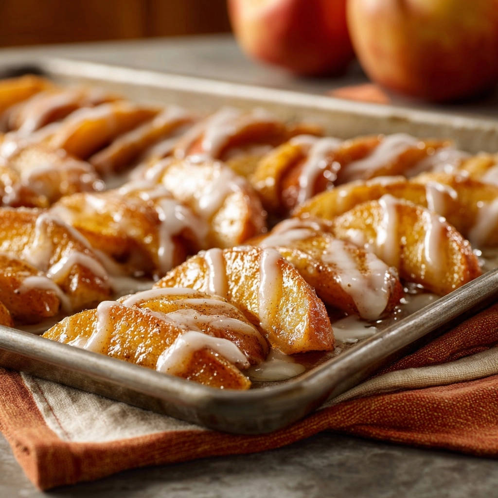 Baked cinnamon apple slices drizzled with glaze, shown in a close-up view on a baking sheet.