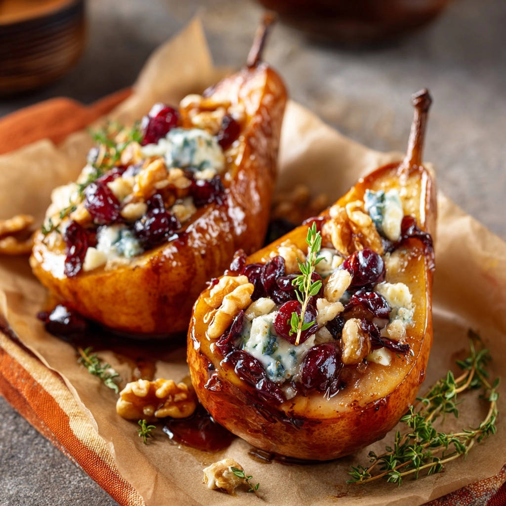 Baked pears with blue cheese, cranberries, and walnuts, showcasing a close-up view of the sweet and savory topping.