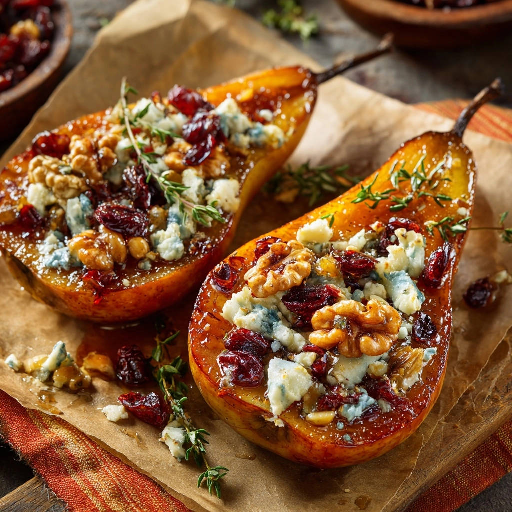Baked pears with blue cheese, cranberries, and walnuts showing a close-up detail of the sweet and savory topping.