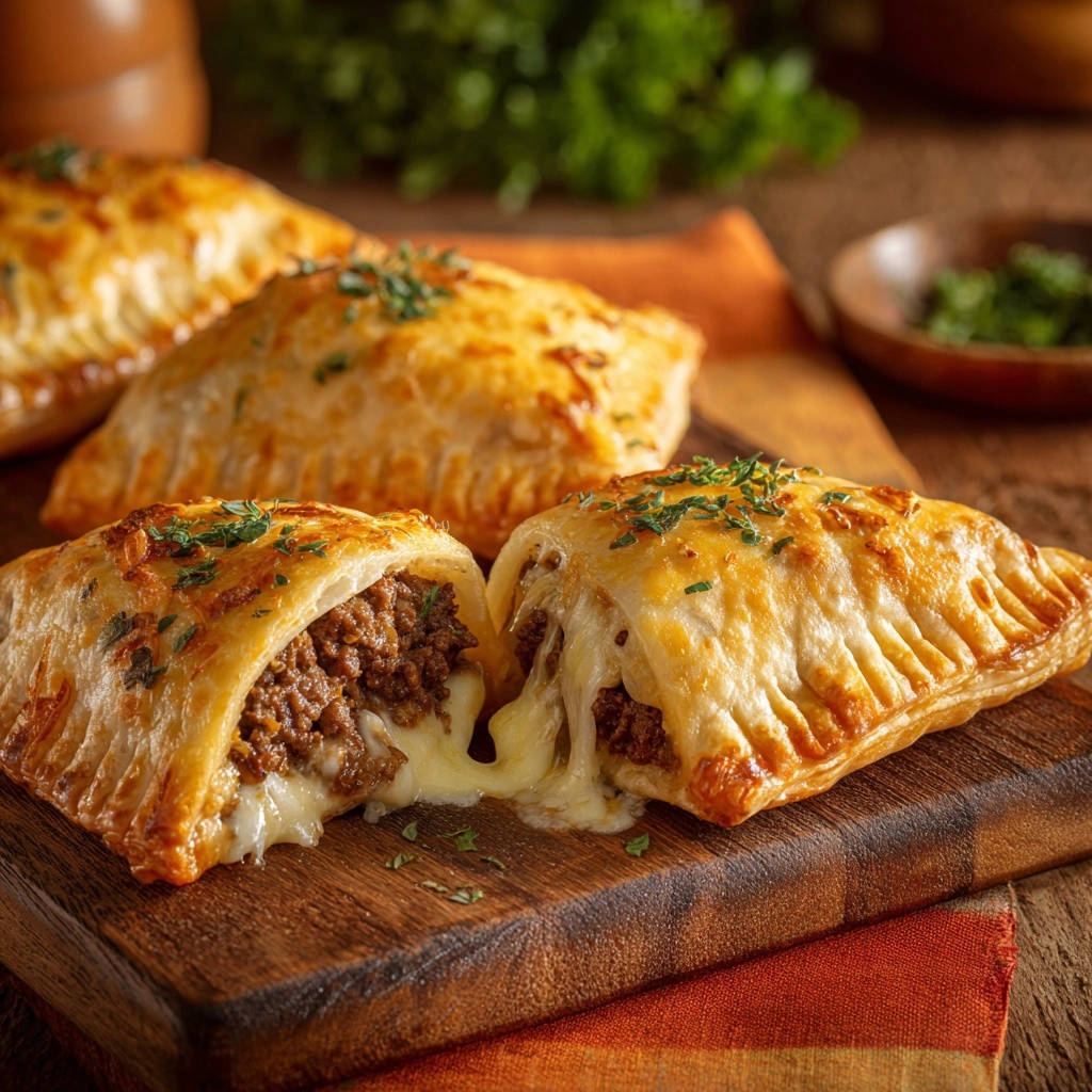 Classic beef and cheese empanadas shown in a close-up cross-section revealing melted cheese oozing out.
