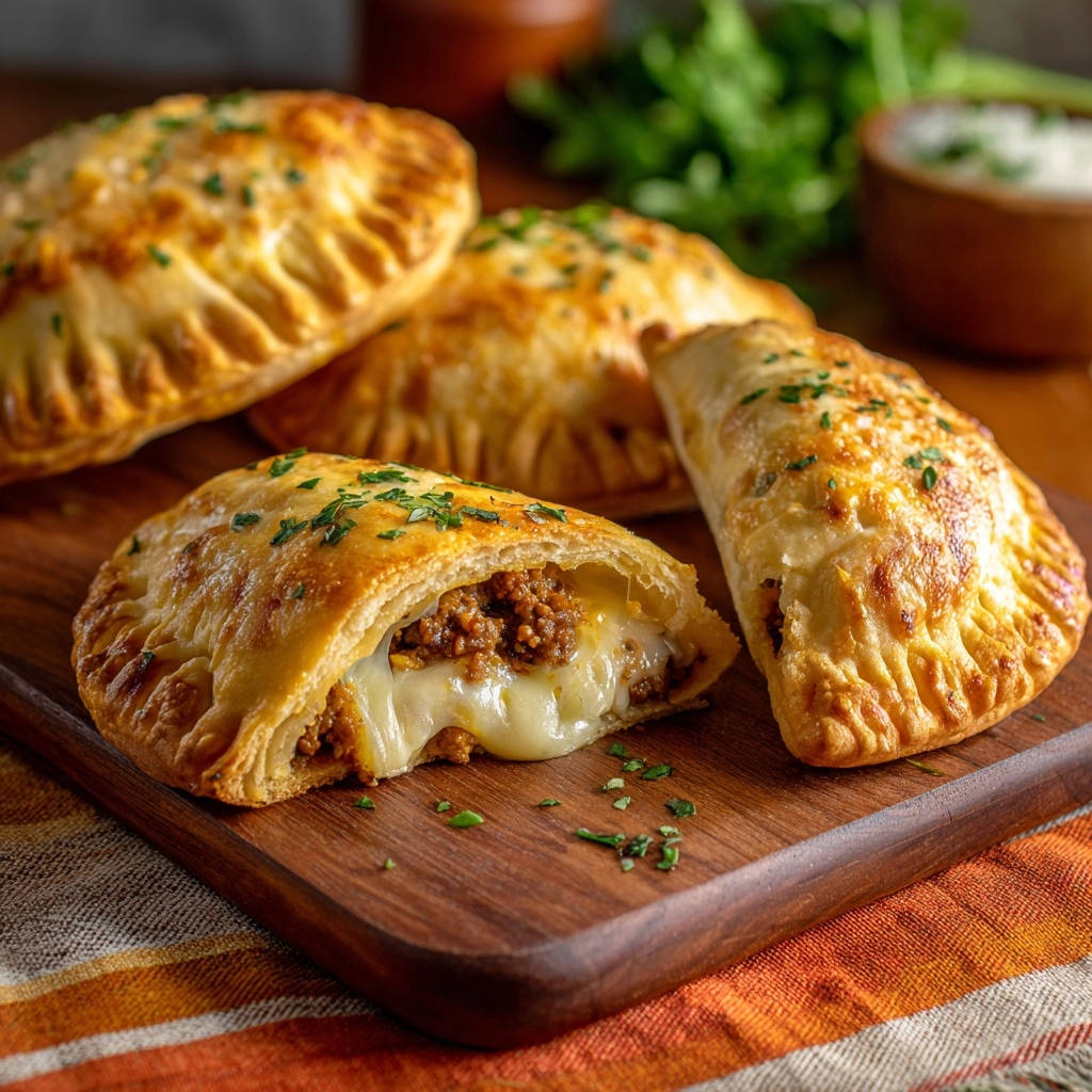Classic beef and cheese empanadas with a cross-section revealing gooey melted cheese and savory filling.