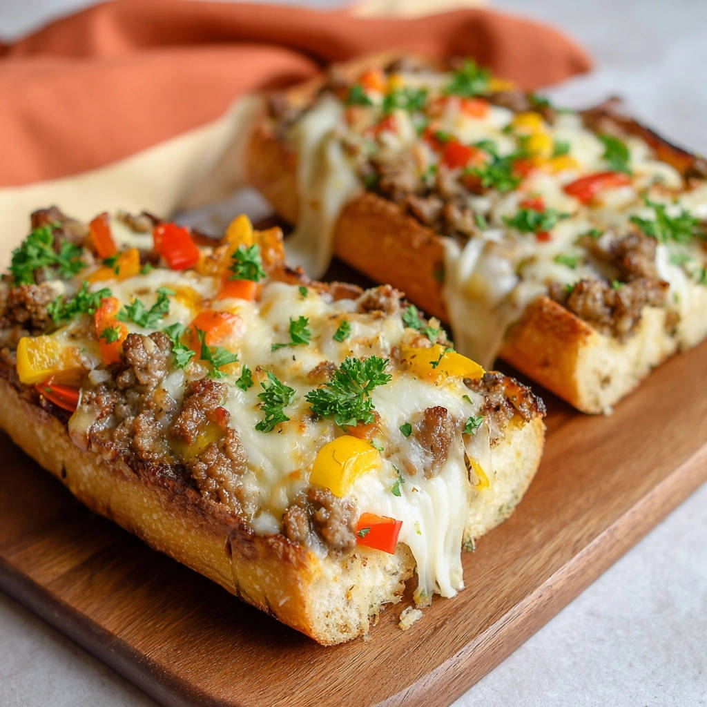 Savory Beef & Cheese Roll with gooey melted cheese and colorful peppers, a close-up view.