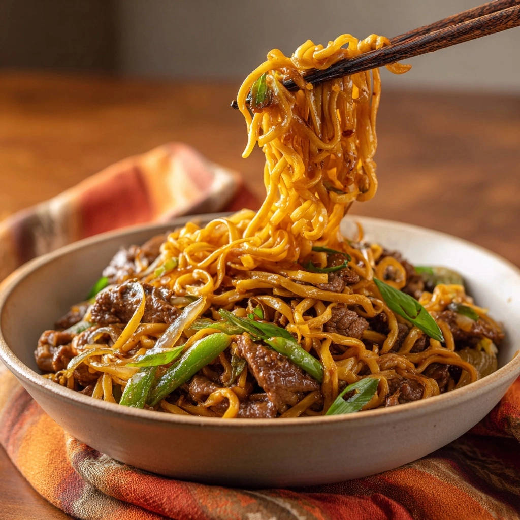 Beef and noodle stir-fry with chopsticks lifting a generous portion of perfectly coated noodles from the bowl.