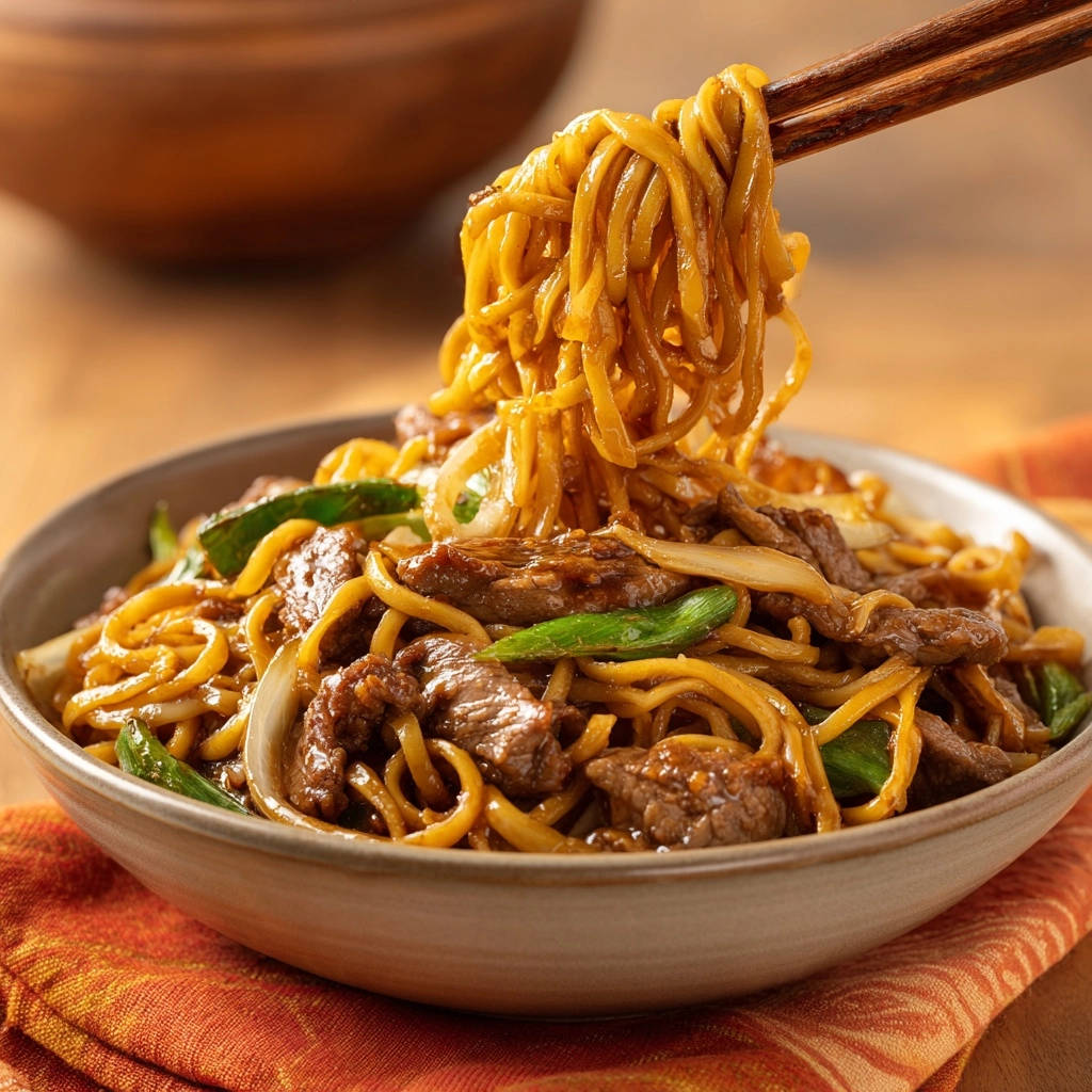Beef and noodle stir-fry with noodles being lifted by chopsticks from a bowl.