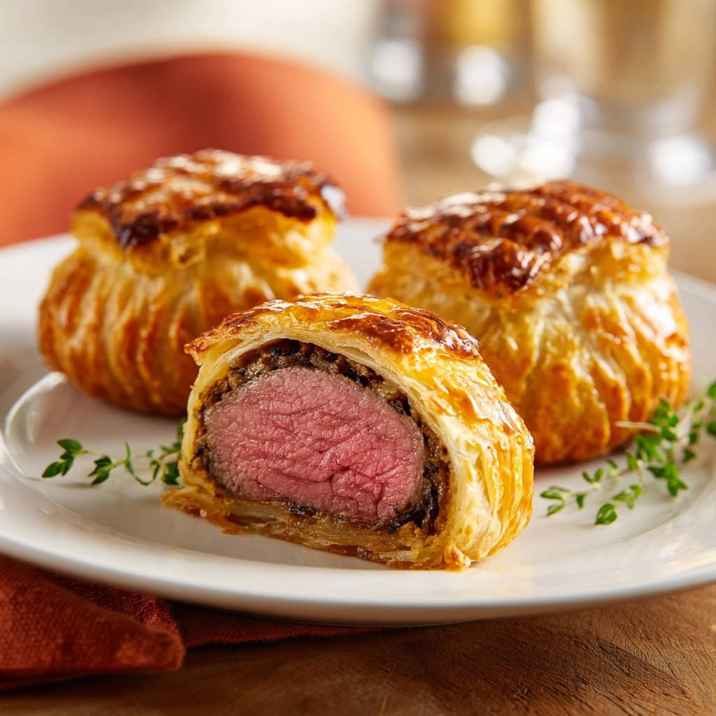 Classic Beef Wellington cross-section plated, showcasing the perfectly cooked pink center and flaky pastry.