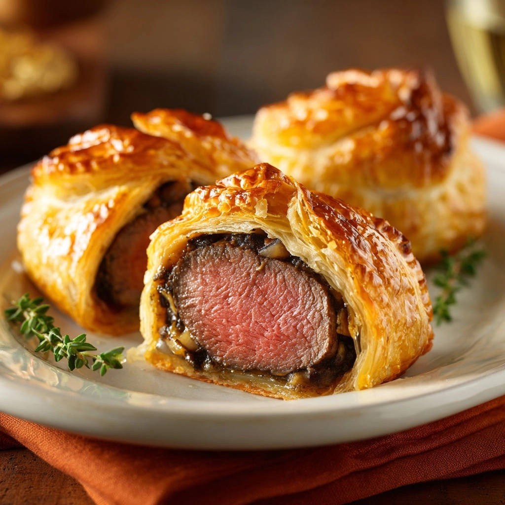 Classic Beef Wellington shown in a close-up cross-section, revealing a perfectly cooked tenderloin and flaky pastry.