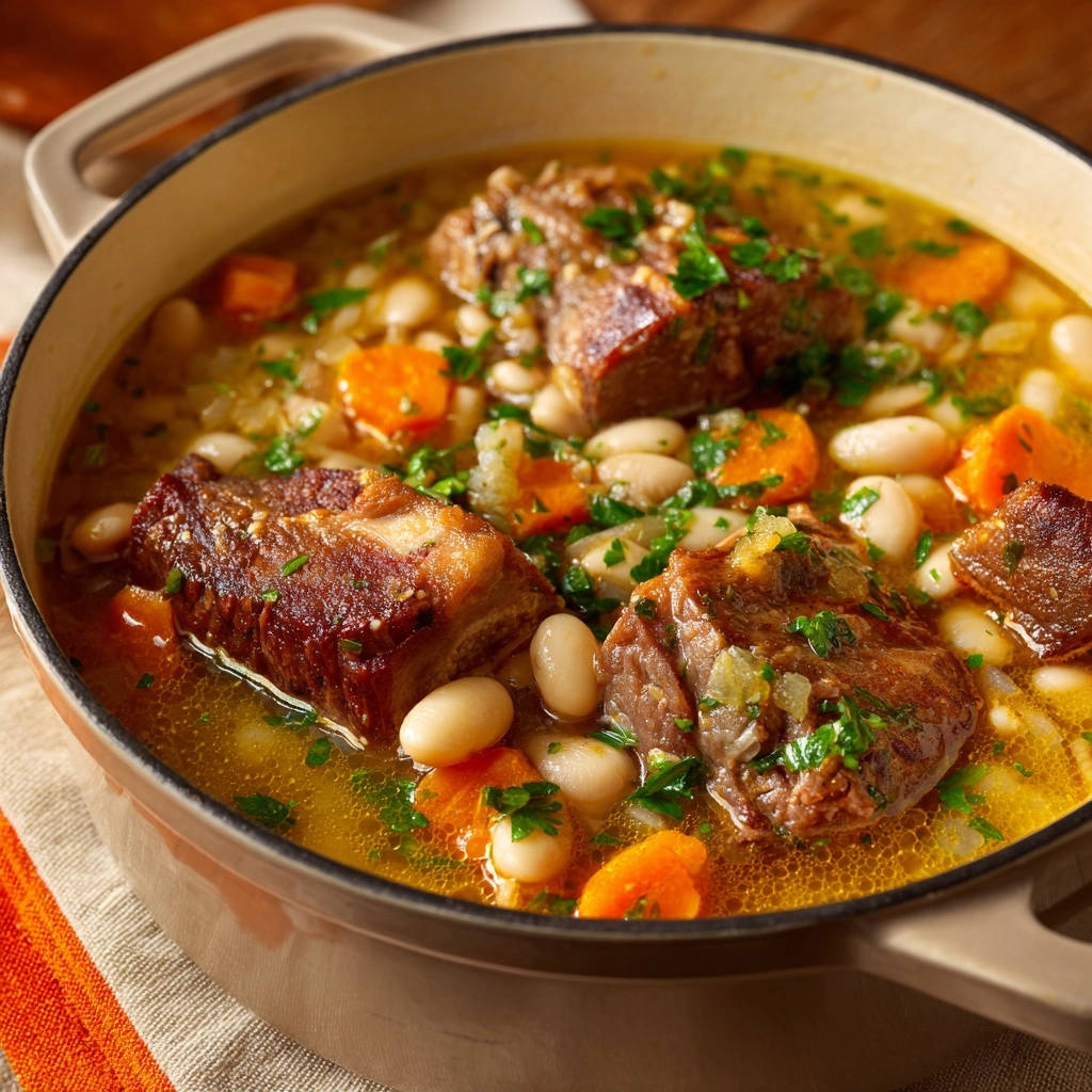 Classic beef and white bean stew shown in a close-up view within a rustic Dutch oven.