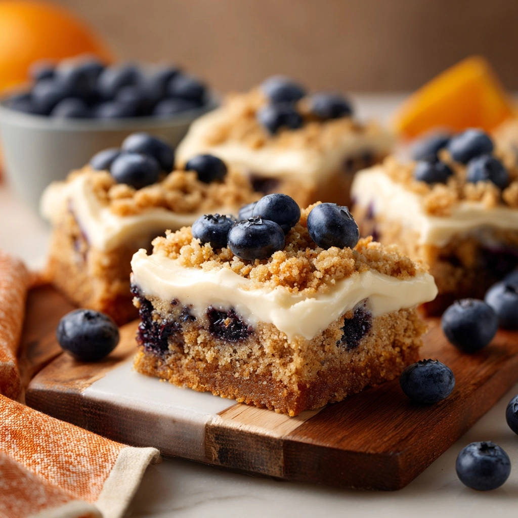 Blueberry crumble bars close-up showing a delicious slice with frosting and fresh berries on top.