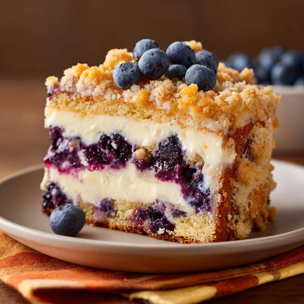 Blueberry swirl crumb cake cross-section slice showing layers of cake, cream filling, and blueberries.