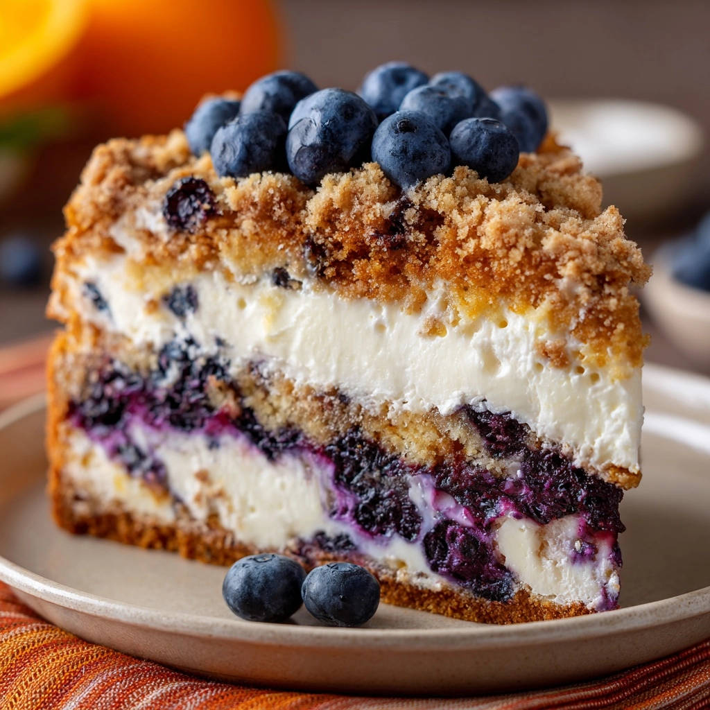 Blueberry swirl crumb cake cross-section slice showing layers of cake, cream cheese filling, and blueberries.