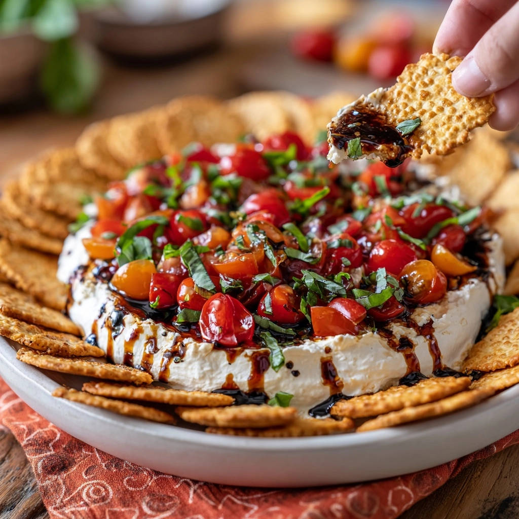 Bruschetta cream cheese dip with a cracker being dipped, showing the rich balsamic glaze and fresh tomatoes.