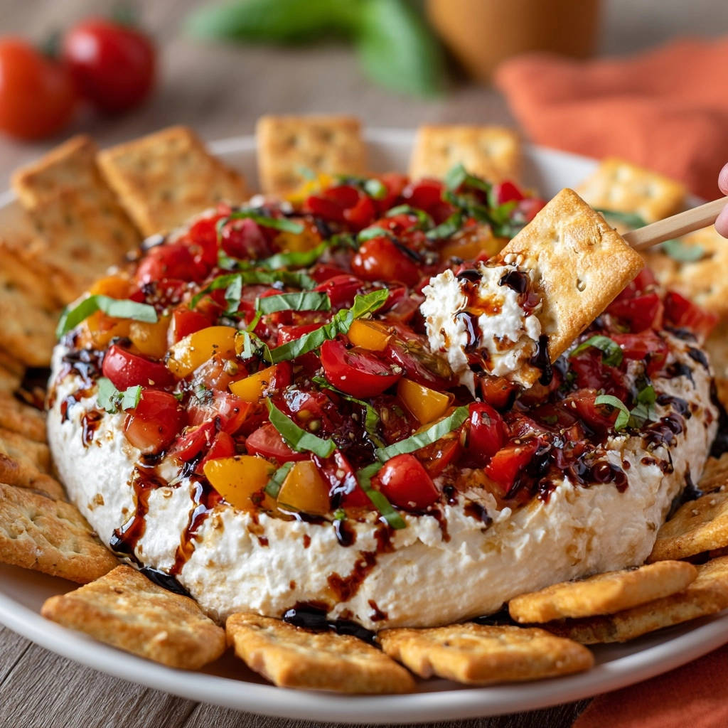 Bruschetta cream cheese dip with a cracker scooping a generous bite, drizzled with balsamic glaze.