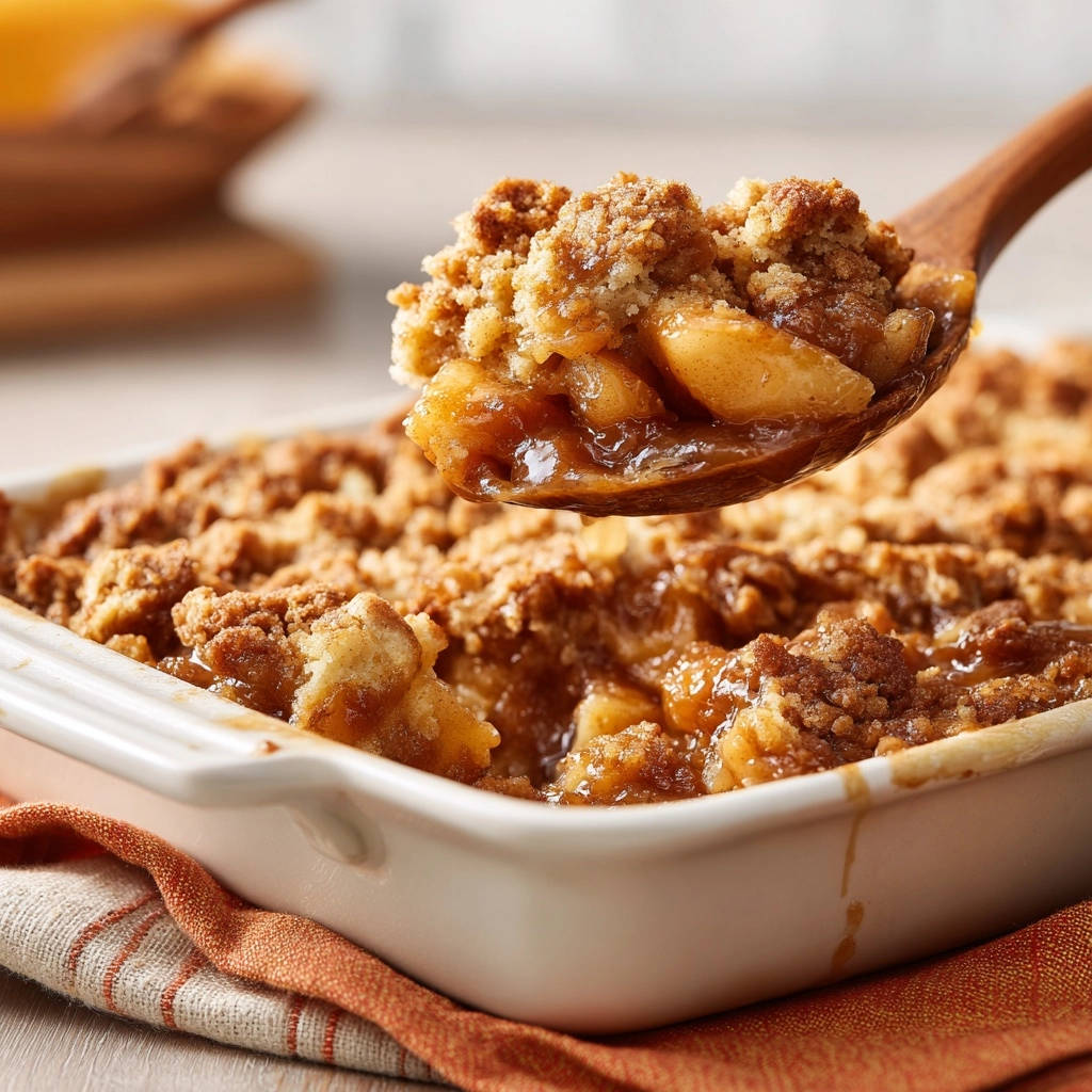Caramel apple crumble with a spoonful of the crispy topping being lifted from the dish.