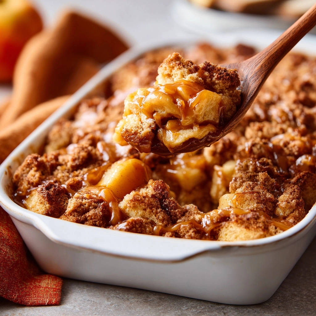 Caramel apple crumble with a spoonful of crispy topping being lifted from the baking dish.