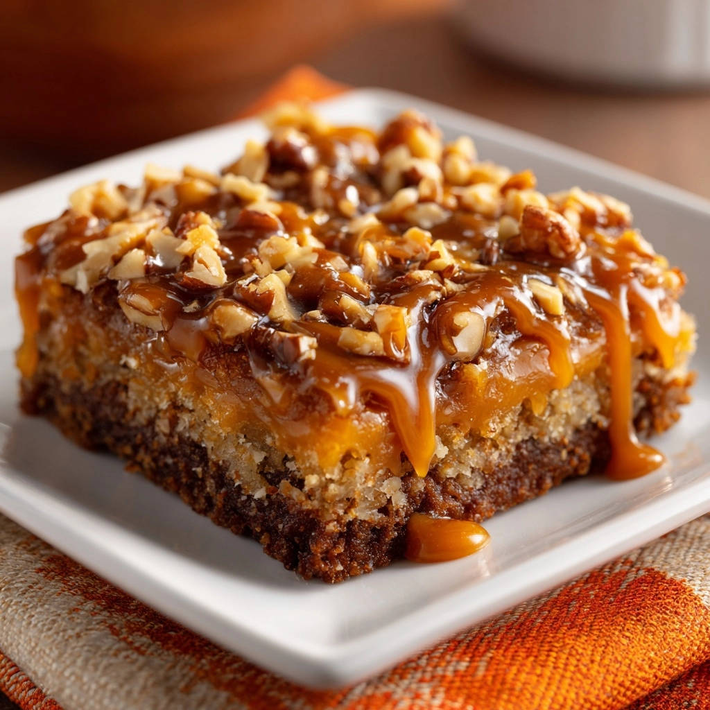 Caramel nut squares topped with chopped nuts and a generous caramel drizzle, showcasing a rich texture.