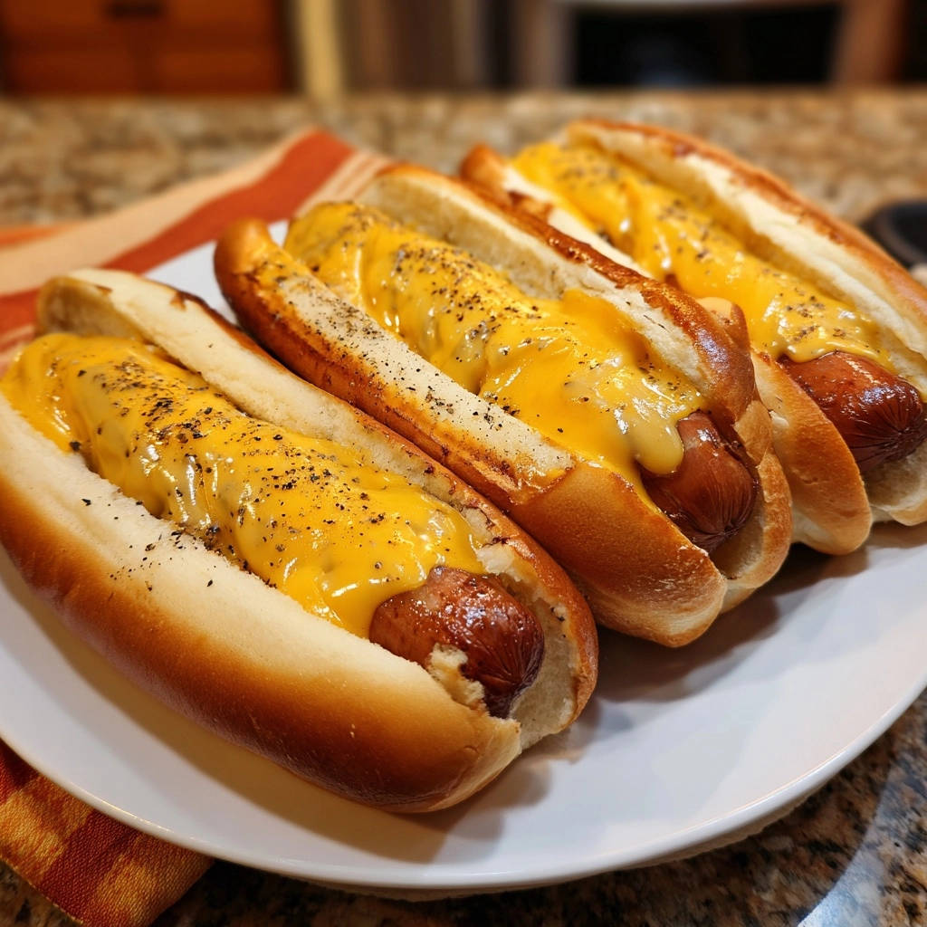 Classic cheese dogs served on a white plate, with four hot dogs covered in melted cheese and black pepper.