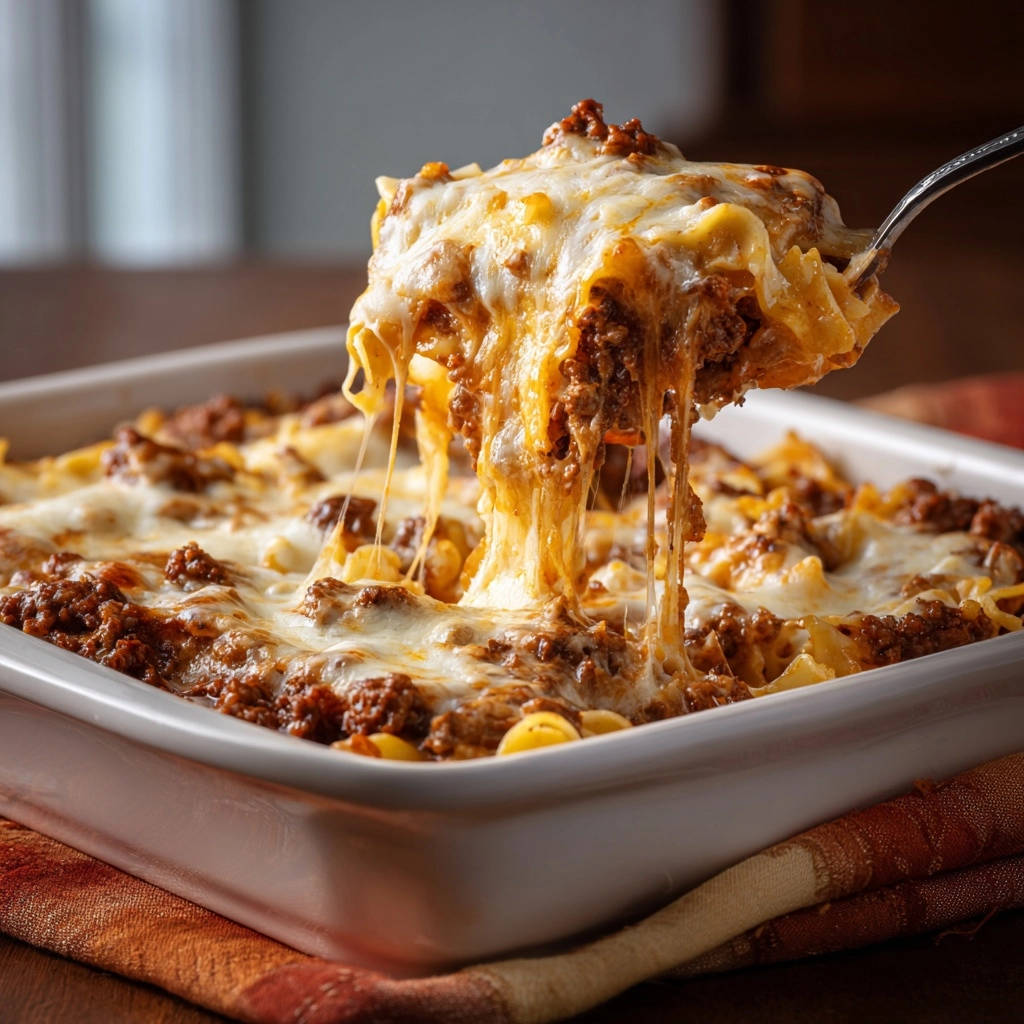Cheesy baked pasta with a spoonful being lifted, showing gooey melted cheese stretching from the dish.