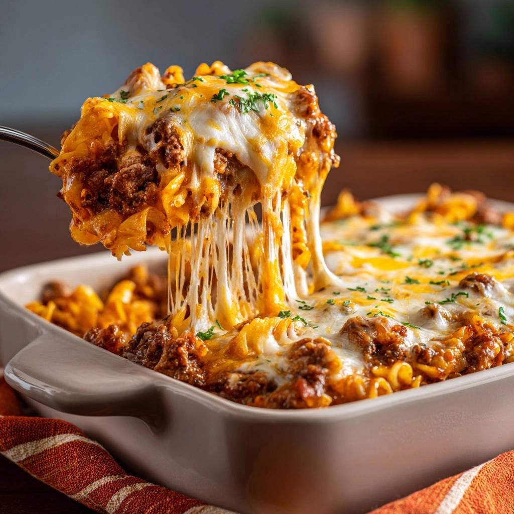 Cheesy baked pasta with a generous portion being lifted with a fork, showcasing a long, gooey cheese pull.