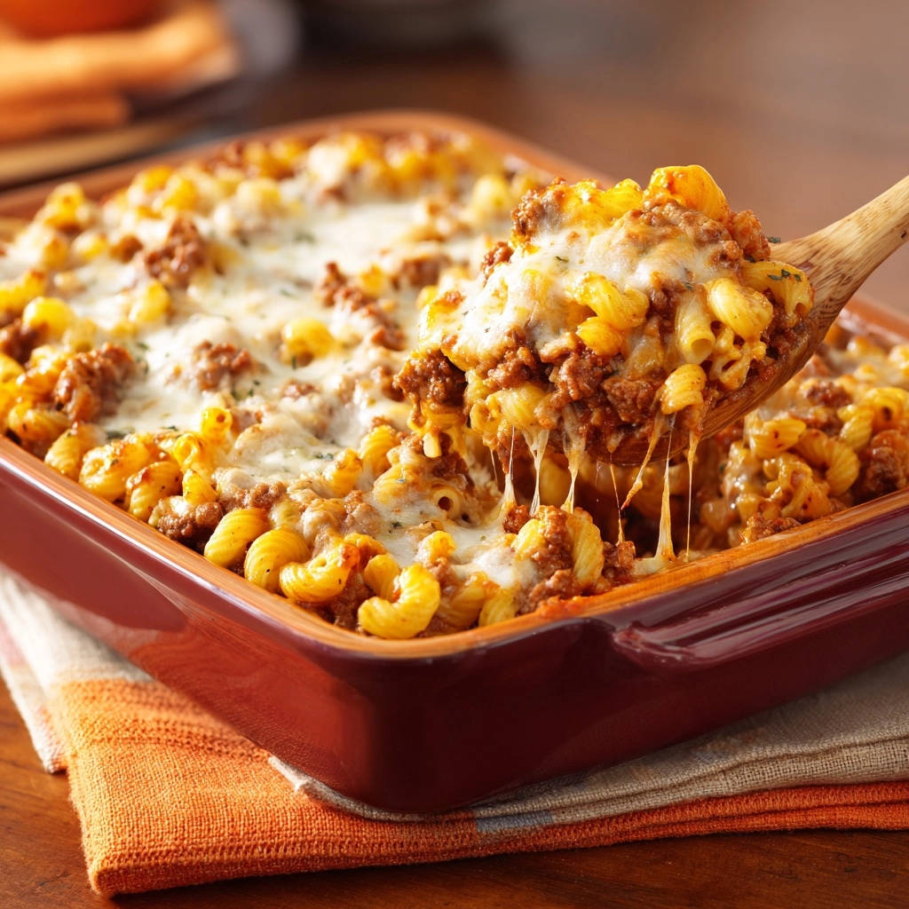 Cheesy beef pasta bake with a gooey cheese pull shown on a wooden spoon, ready to serve.