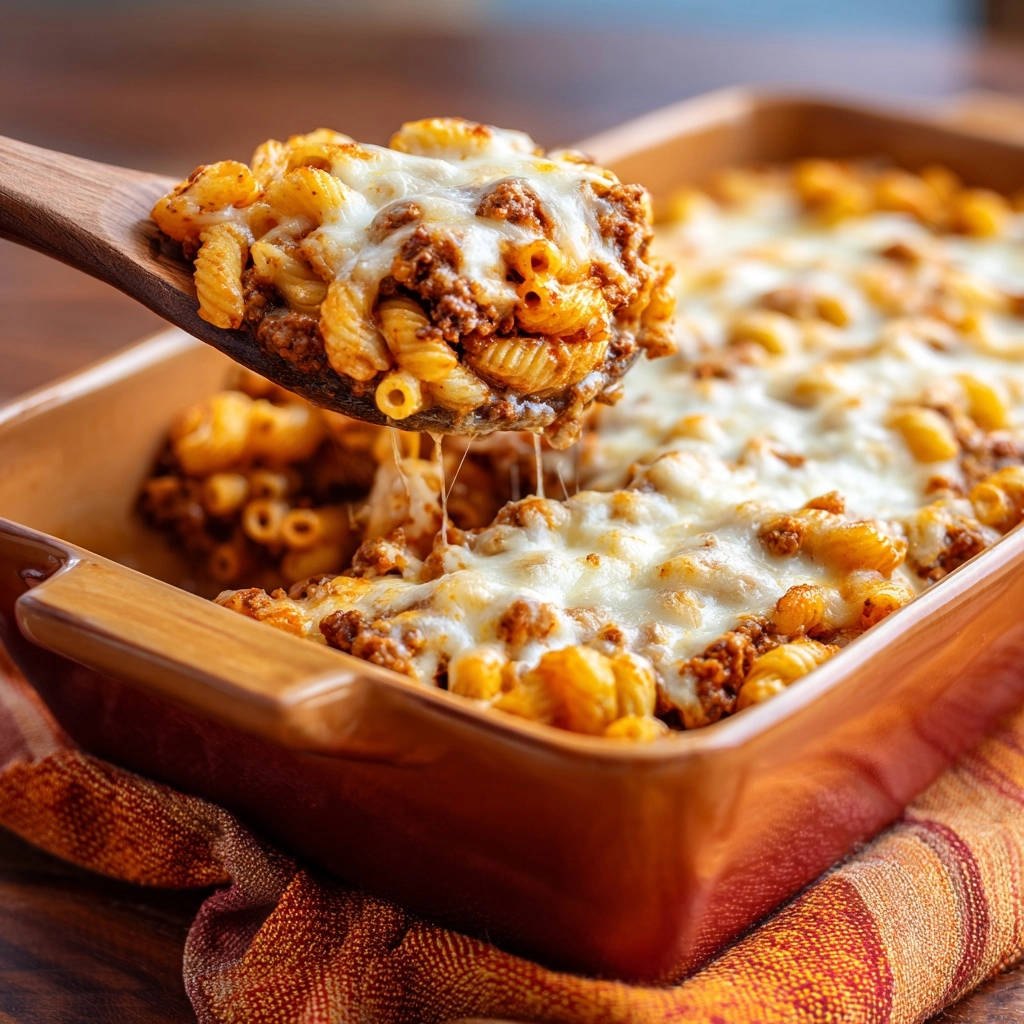 Cheesy beef pasta bake shown being served with a wooden spoon, highlighting its gooey melted cheese.