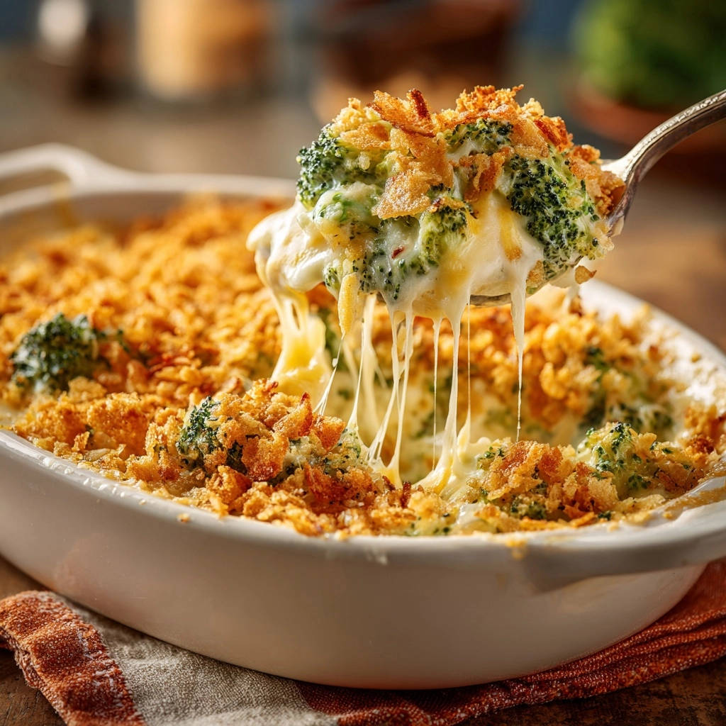 Cheesy broccoli casserole with a gooey cheese pull and crispy breadcrumb topping, served from a white dish.