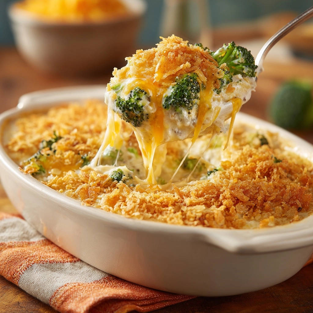 Cheesy broccoli casserole with a crispy topping being lifted on a spoon, showing melted cheese strings.