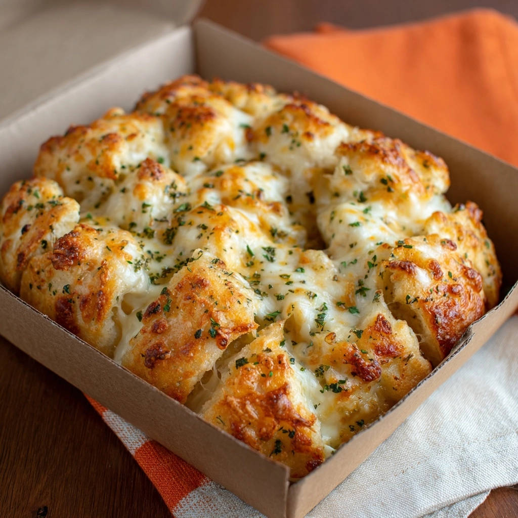 Cheesy garlic pull-apart bread in a cardboard box, showing golden-brown cheesy tops and fluffy interior.