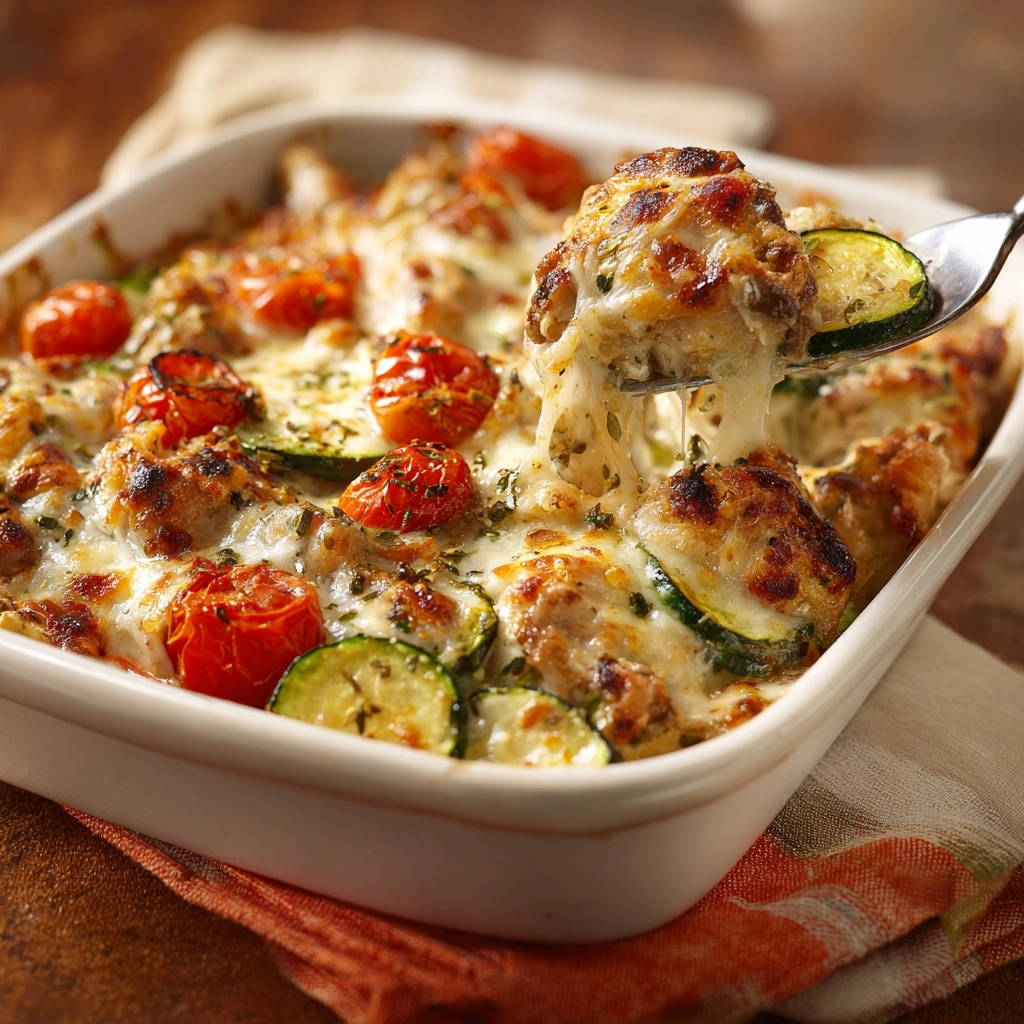 Cheesy herb chicken and zucchini bake with a fork lifting a cheesy portion, showing melted cheese strands.