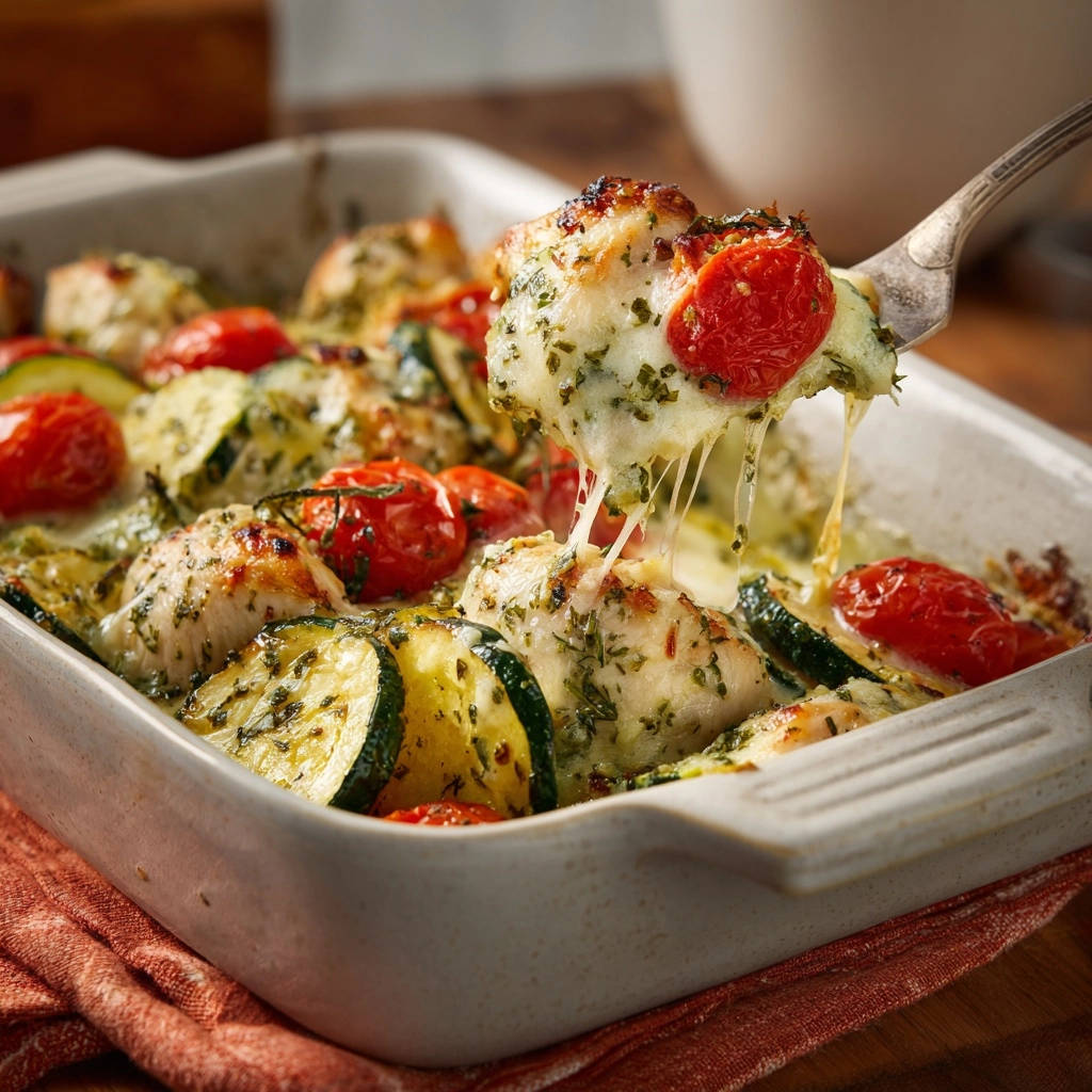 Cheesy herb chicken and zucchini bake with a fork lifting a piece showing gooey melted cheese.