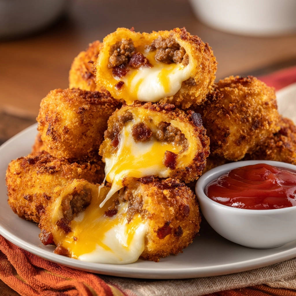 Crispy cheesy meat bites showing a gooey, melted cheese interior with crumbled bacon.
