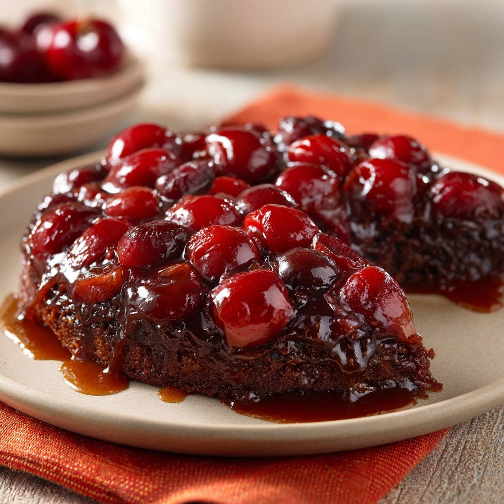 Classic cherry upside-down cake, a chocolate slice showing the rich cherry topping and moist cake interior.