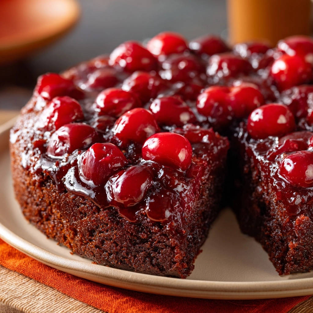 Classic Cherry Upside-Down Cake with a glossy, glazed topping and whole cherries visible.