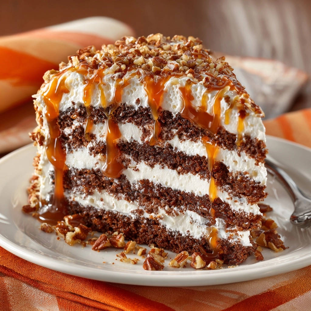 Ultimate Chocolate Caramel Pecan Cake slice showcasing its moist layers and rich caramel drizzle.