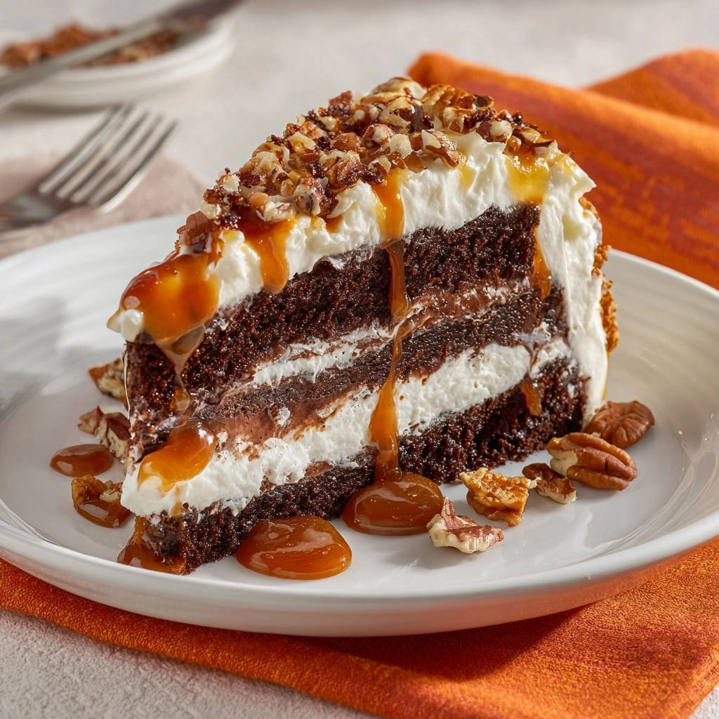 Ultimate Chocolate Caramel Pecan Cake slice with rich caramel drizzle and chopped pecans.