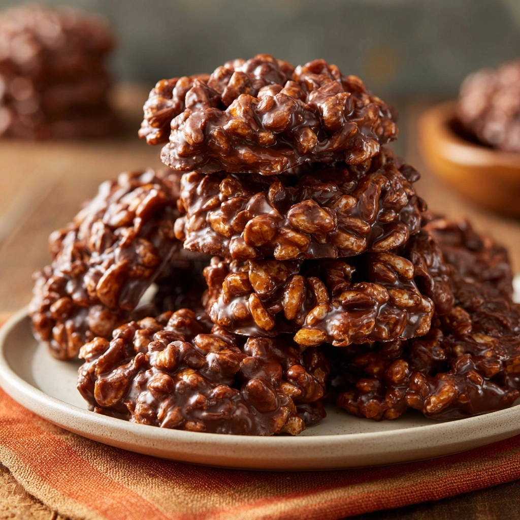 Classic chocolate cereal no-bakes stacked high on a plate, showcasing their textured chocolatey crunch.