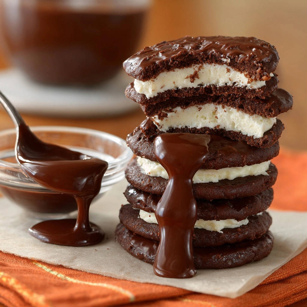 Decadent chocolate cream sandwich cookies with cream filling, drizzled with rich chocolate sauce.