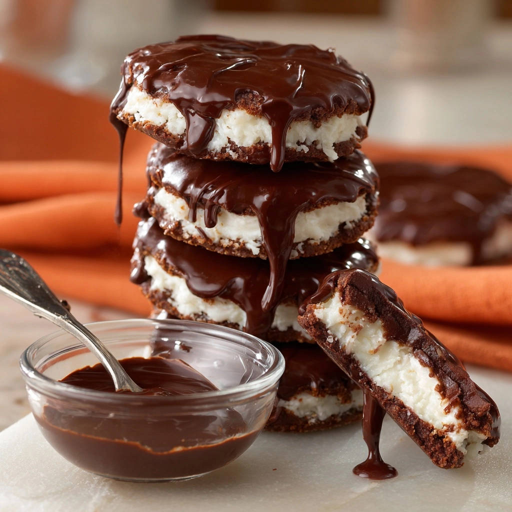 Decadent chocolate cream sandwich cookies stacked high and drizzled with rich chocolate glaze.