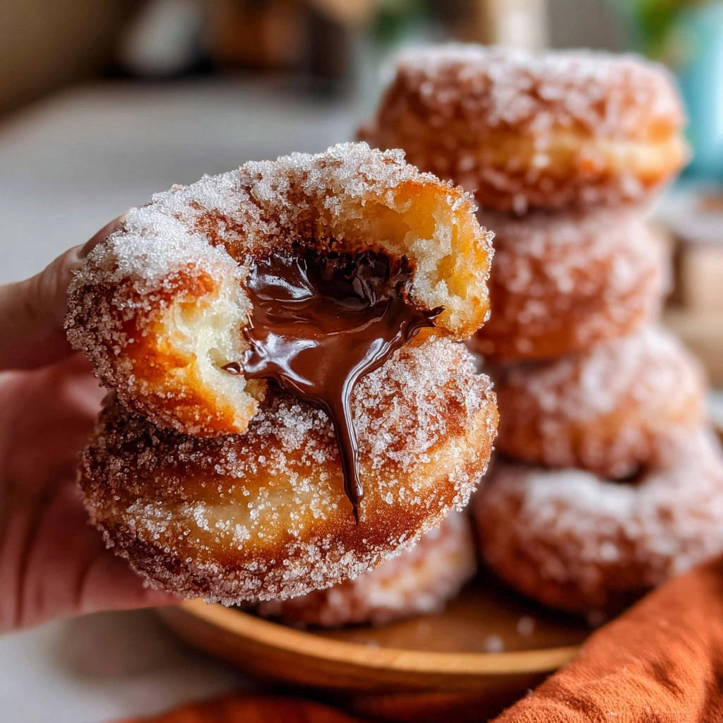 Chocolate-filled doughnuts cross-section revealing a melty chocolate center and sugar coating.