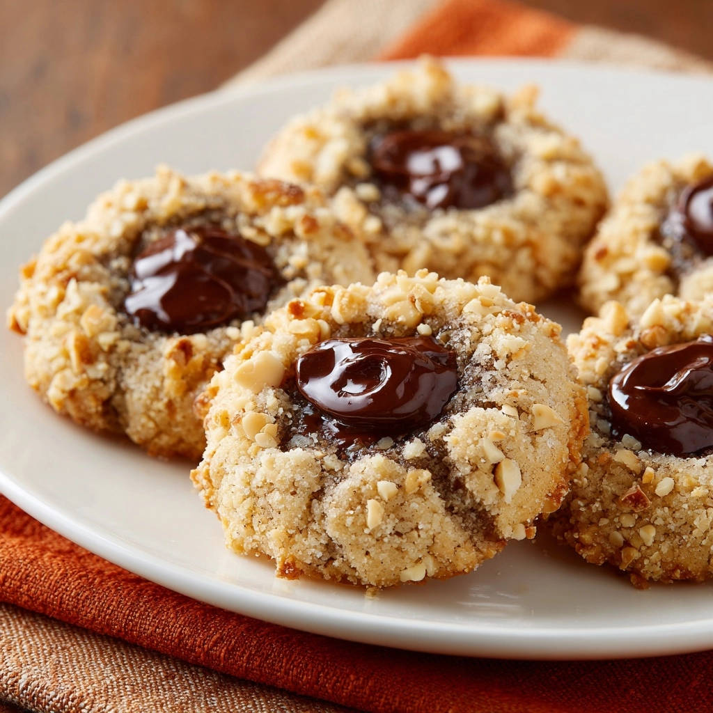 Chocolate nut thumbprint cookies with a soft center, arranged closely on a white plate.