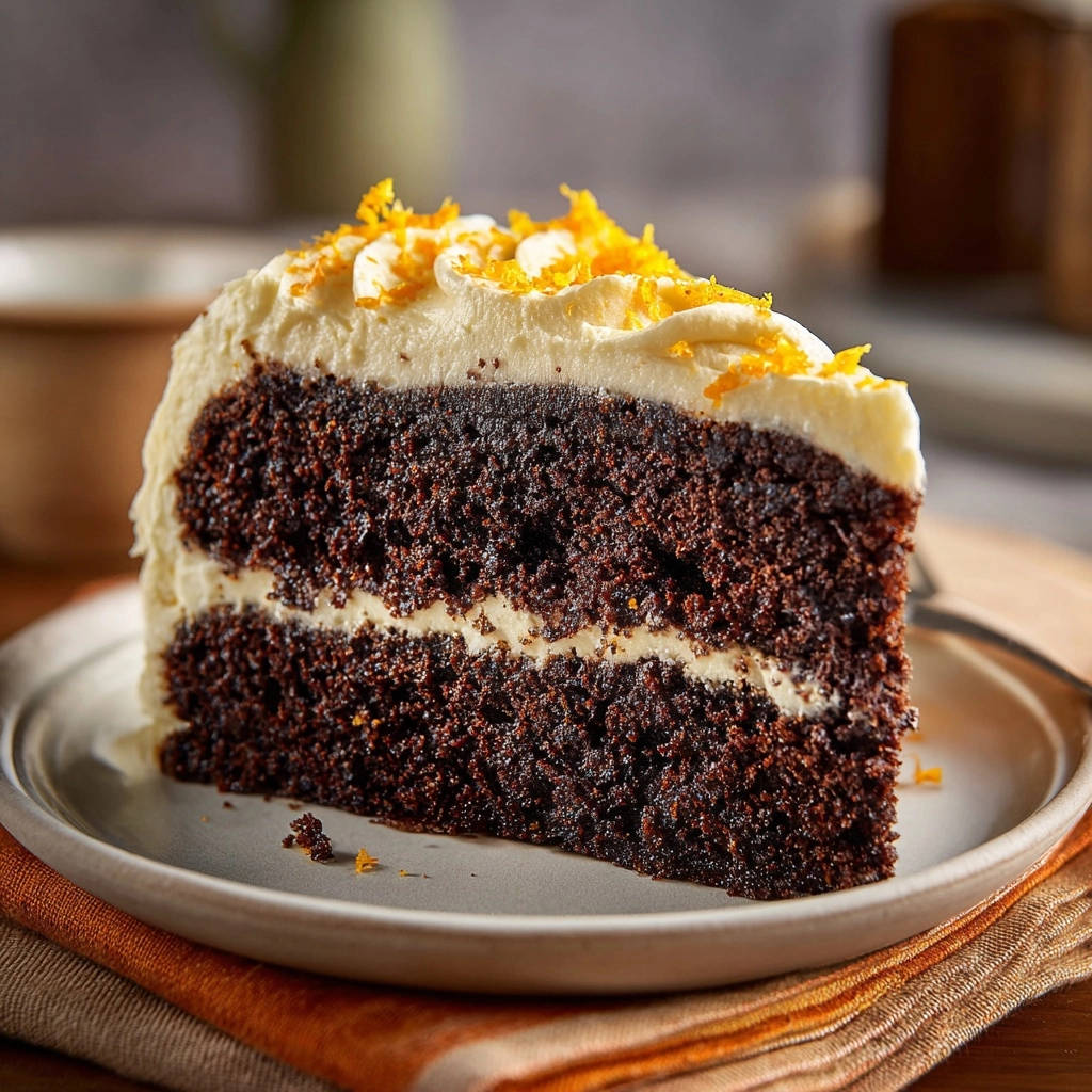 Ultimate Rich Chocolate Orange Cake, a moist cross-section slice with creamy frosting and orange zest garnish.