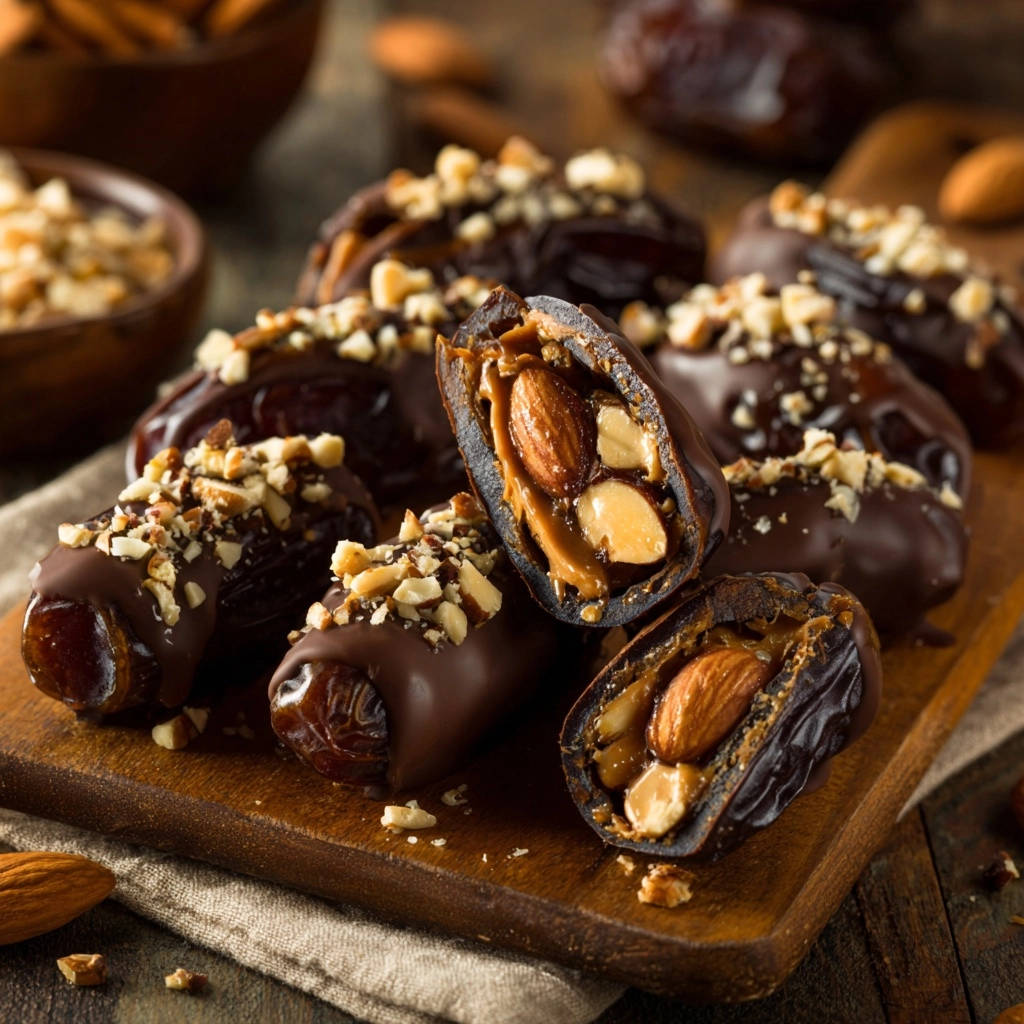 Chocolate peanut butter dates with almonds shown in a close-up cross-section revealing the sweet filling and crunchy nuts.