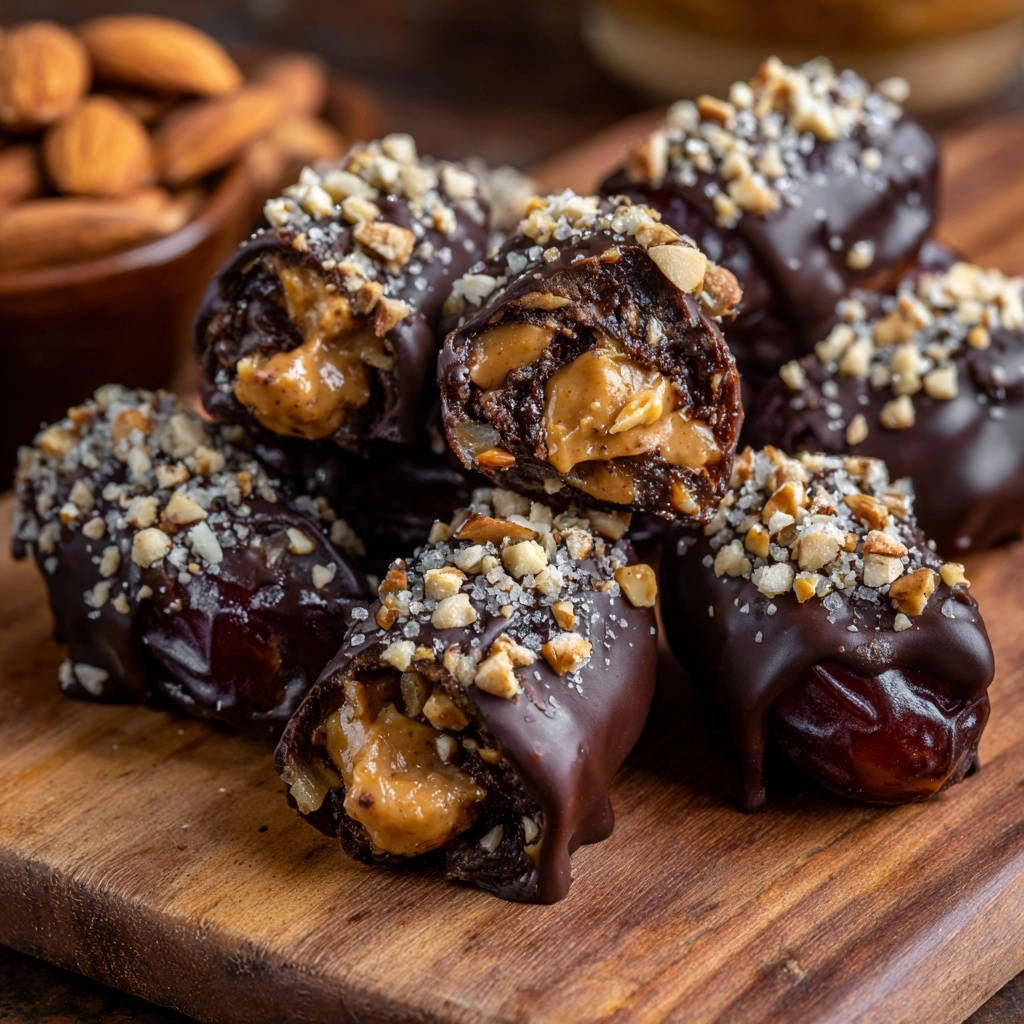 Chocolate peanut butter dates with a visible cross-section showing the filling and topped with chopped nuts.