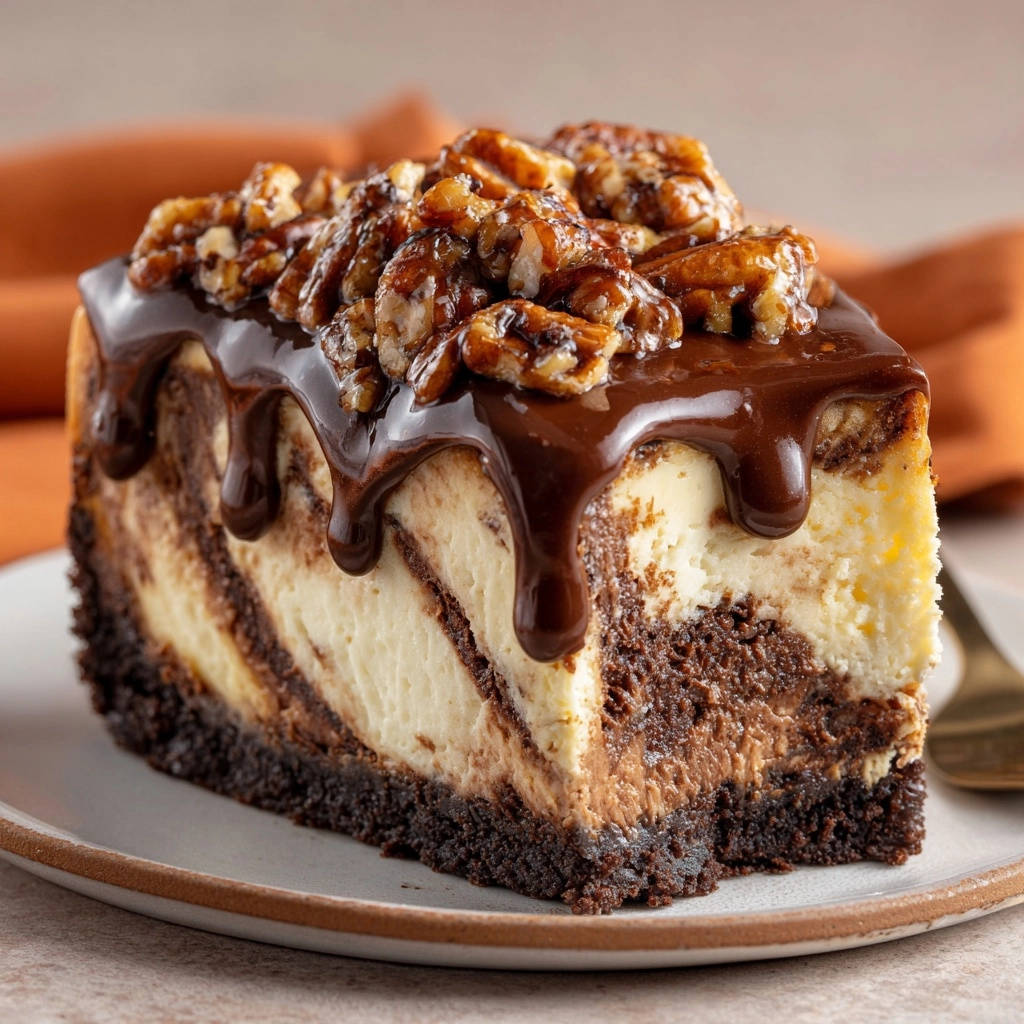Decadent chocolate swirl cheesecake slice showing the rich chocolate and cream cheese layers and pecan topping.