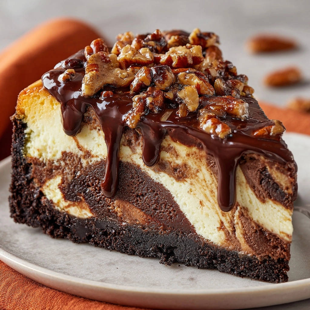 Decadent chocolate swirl cheesecake slice topped with chocolate ganache and walnuts, presented on a plate.