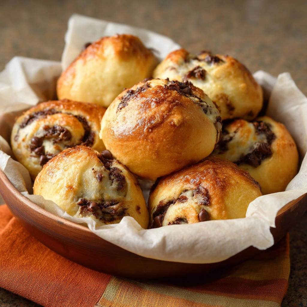 Chocolate swirl sweet rolls baked to a golden brown, nestled in a basket lined with parchment paper.