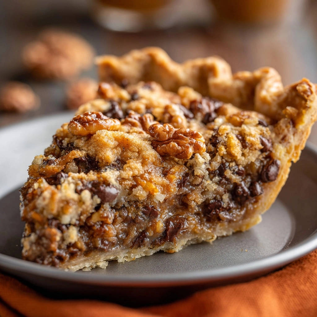 Chocolate walnut crumble pie shown in a slice, revealing its rich interior and crumb topping.